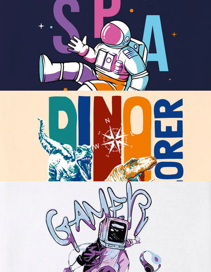 Nusyl Boys Beige & Navy Blue & White Space & Dinosaur Printed Oversized T-Shirt - Pack of 3