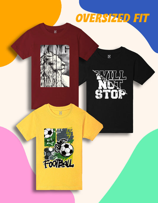 Nusyl Boys Wine & Black & Yellow Football & Text Printed Oversized T-Shirt - Pack of 3