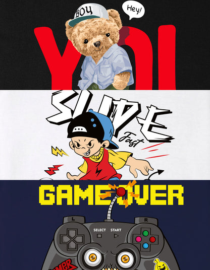 Nusyl Boys Black & White & Navy Blue Teddy Bear & Text Printed Oversized T-Shirt - Pack of 3