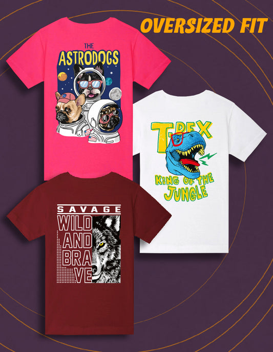 Nusyl Boys White & Wine & Hot Pink Astrodogs & Text Printed Oversized T-Shirt - Pack of 3