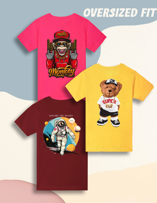 Nusyl Boys Wine & Yellow & Hot Pink Monkey & Text Printed Oversized T-Shirt - Pack of 3