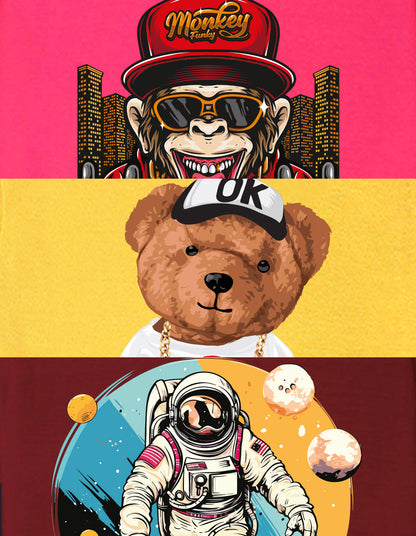 Nusyl Boys Wine & Yellow & Hot Pink Monkey & Text Printed Oversized T-Shirt - Pack of 3