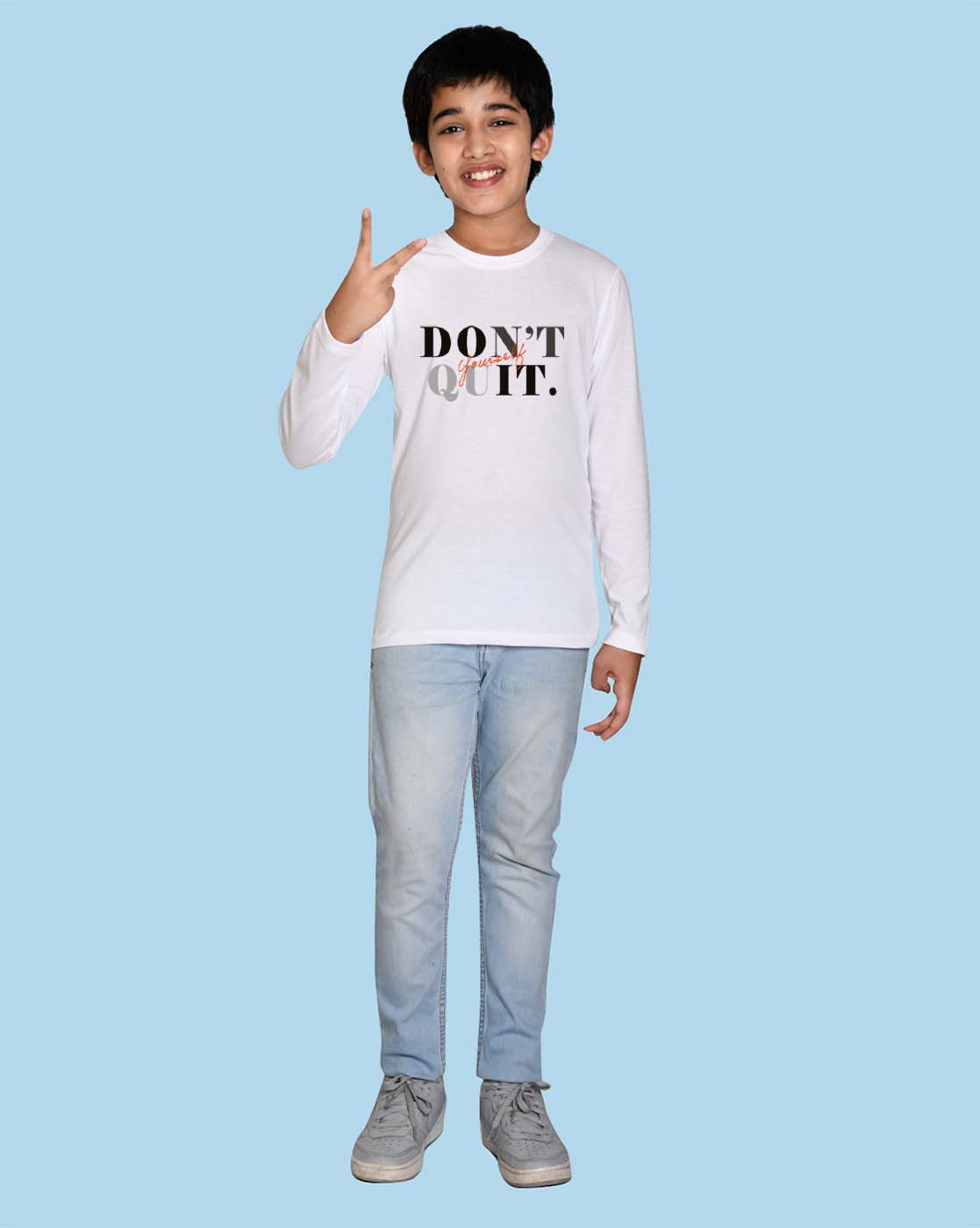 Nusyl White Don't Quit Text Printed Full Sleeve Cotton T-Shirts for Boys