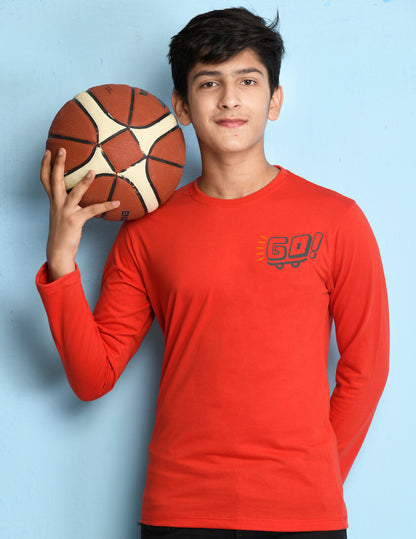 Nusyl Red Biowashed Cotton Full Sleeve T-shirt