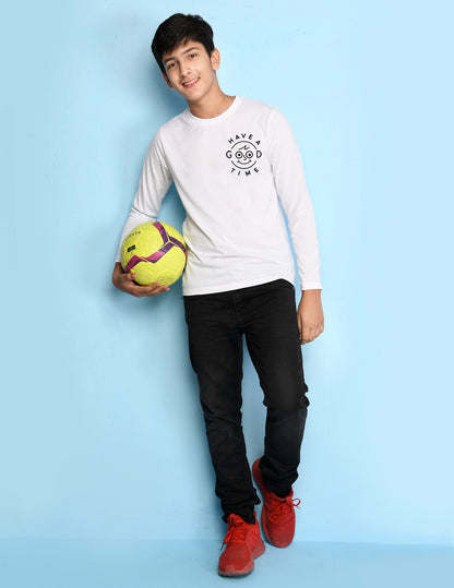 Nusyl White Biowashed Cotton Full Sleeve T-shirt