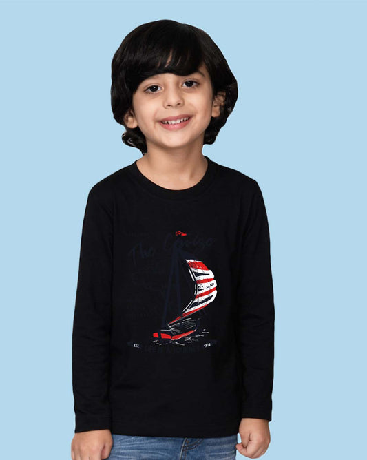 Nusyl Black Boat & Text Printed Full Sleeve Cotton T-Shirts for Boys