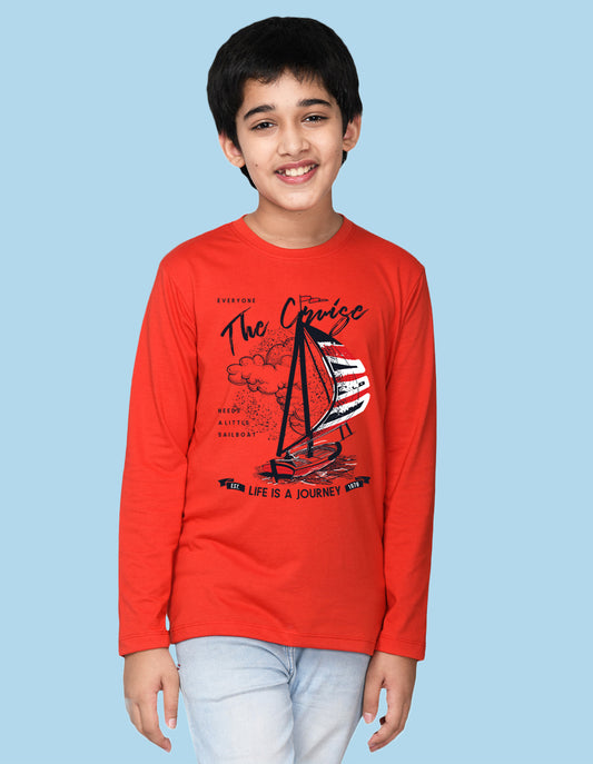 NUSYL Boy's Red boat & Text  Printed Regular Fit T-Shirt