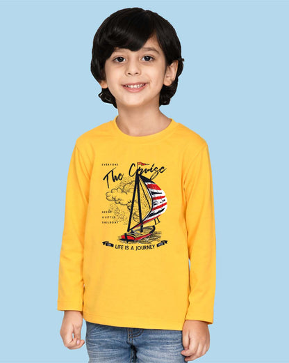 Nusyl Yellow Boat & Text Printed Full Sleeve Cotton T-Shirts for Boys