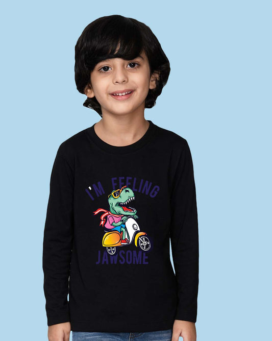 Nusyl Black Dinosaur Printed Full Sleeve Cotton T-Shirts for Boys