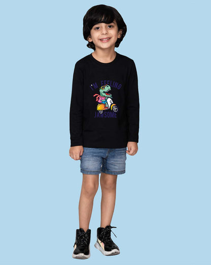 Nusyl Black Dinosaur Printed Full Sleeve Cotton T-Shirts for Boys