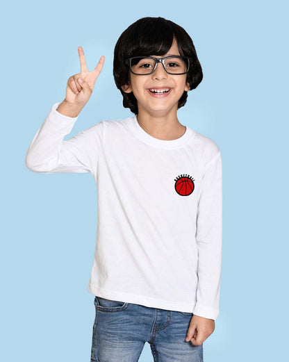 Nusyl White Basketball Printed Full Sleeve Cotton T-Shirts for Boys