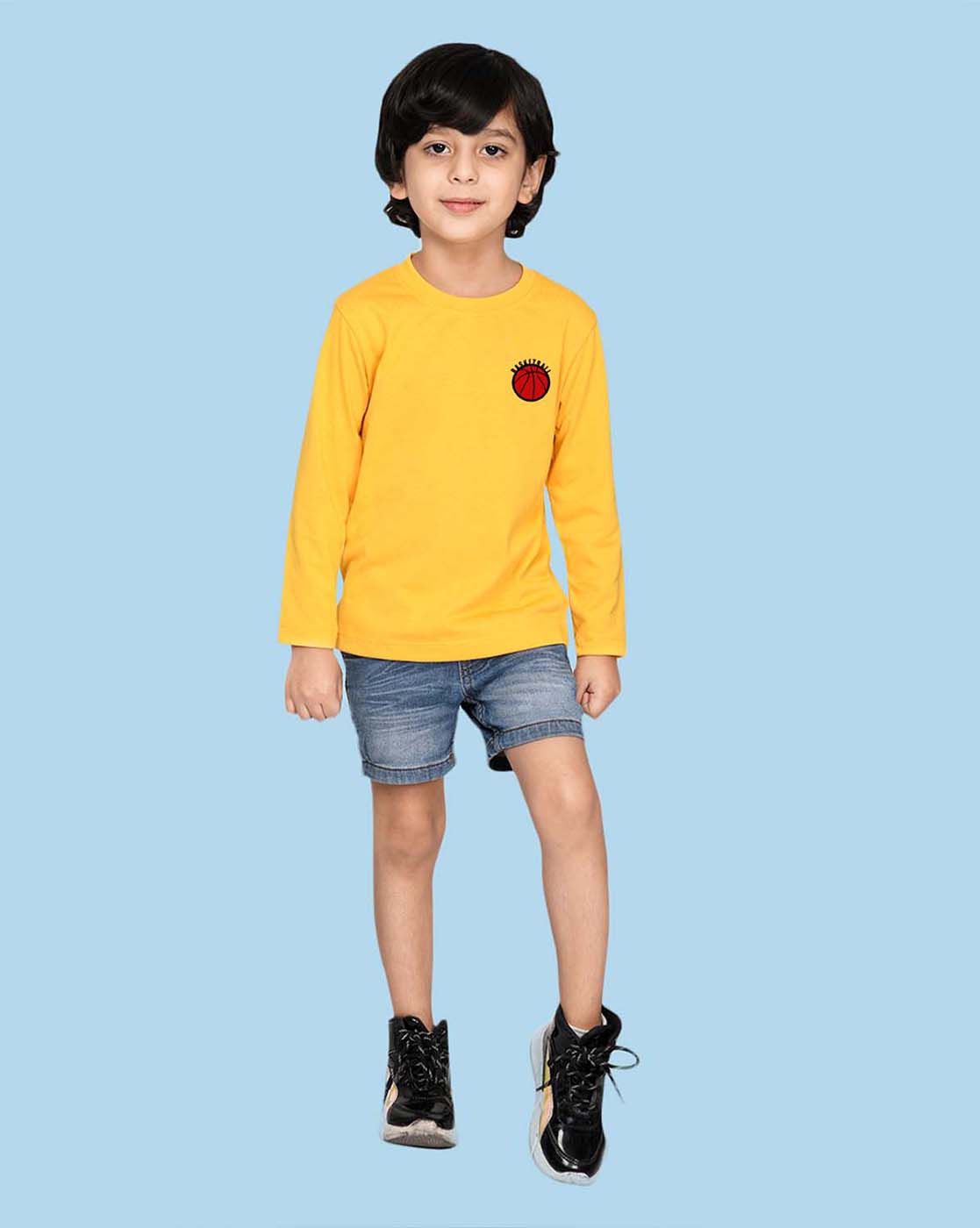 Nusyl Yellow Basketball Printed Full Sleeve Cotton T-Shirts for Boys