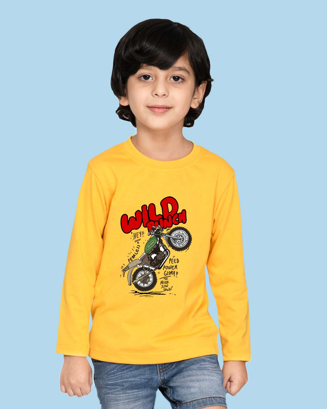 Nusyl Yellow Bike & Text Printed Full Sleeve Cotton T-Shirts for Boys
