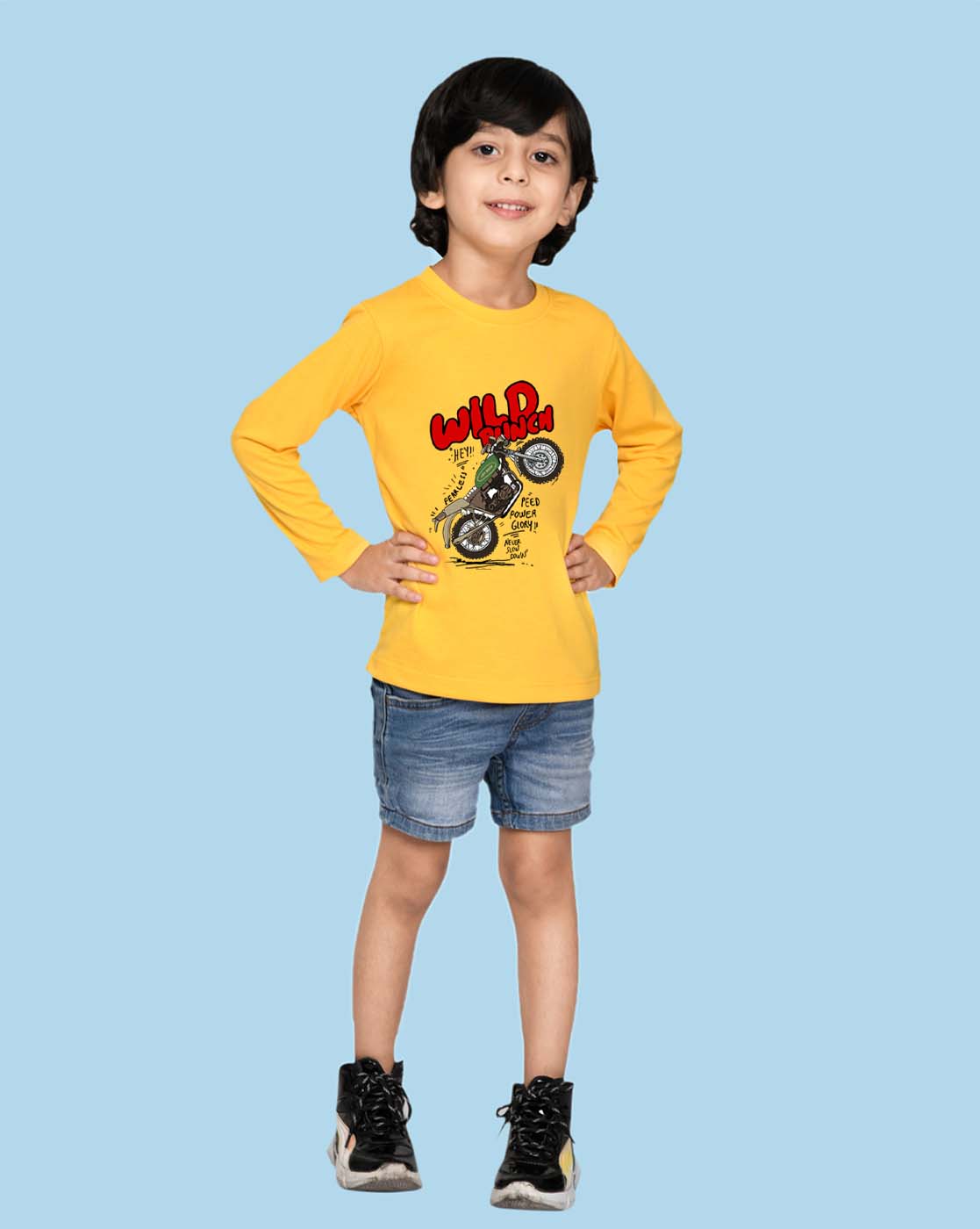 Nusyl Yellow Bike & Text Printed Full Sleeve Cotton T-Shirts for Boys