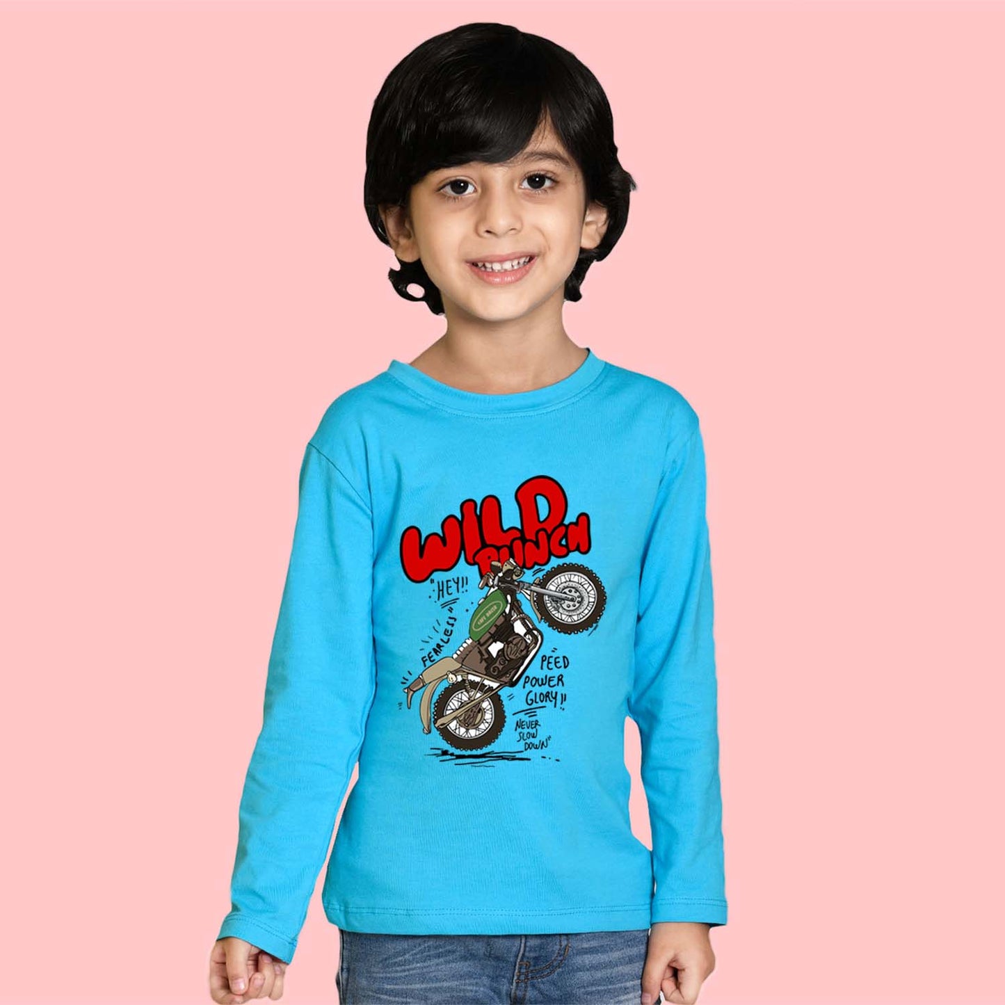 Nusyl Sky Blue Bike & Text Printed Full Sleeve Cotton T-Shirts for Boys