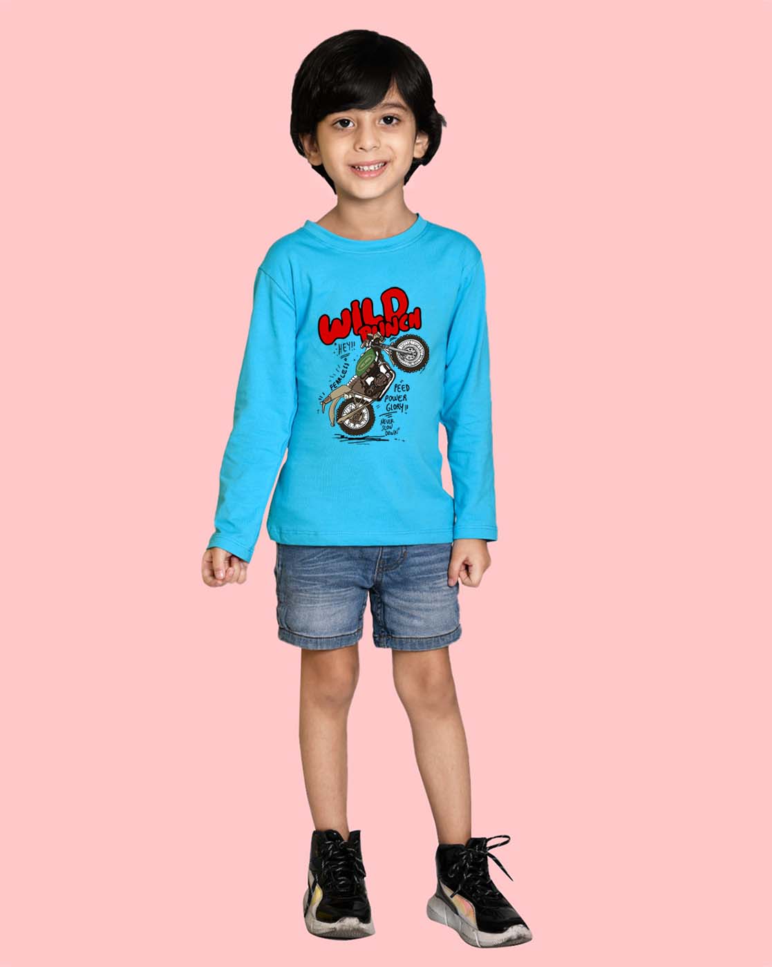 Nusyl Sky Blue Bike & Text Printed Full Sleeve Cotton T-Shirts for Boys