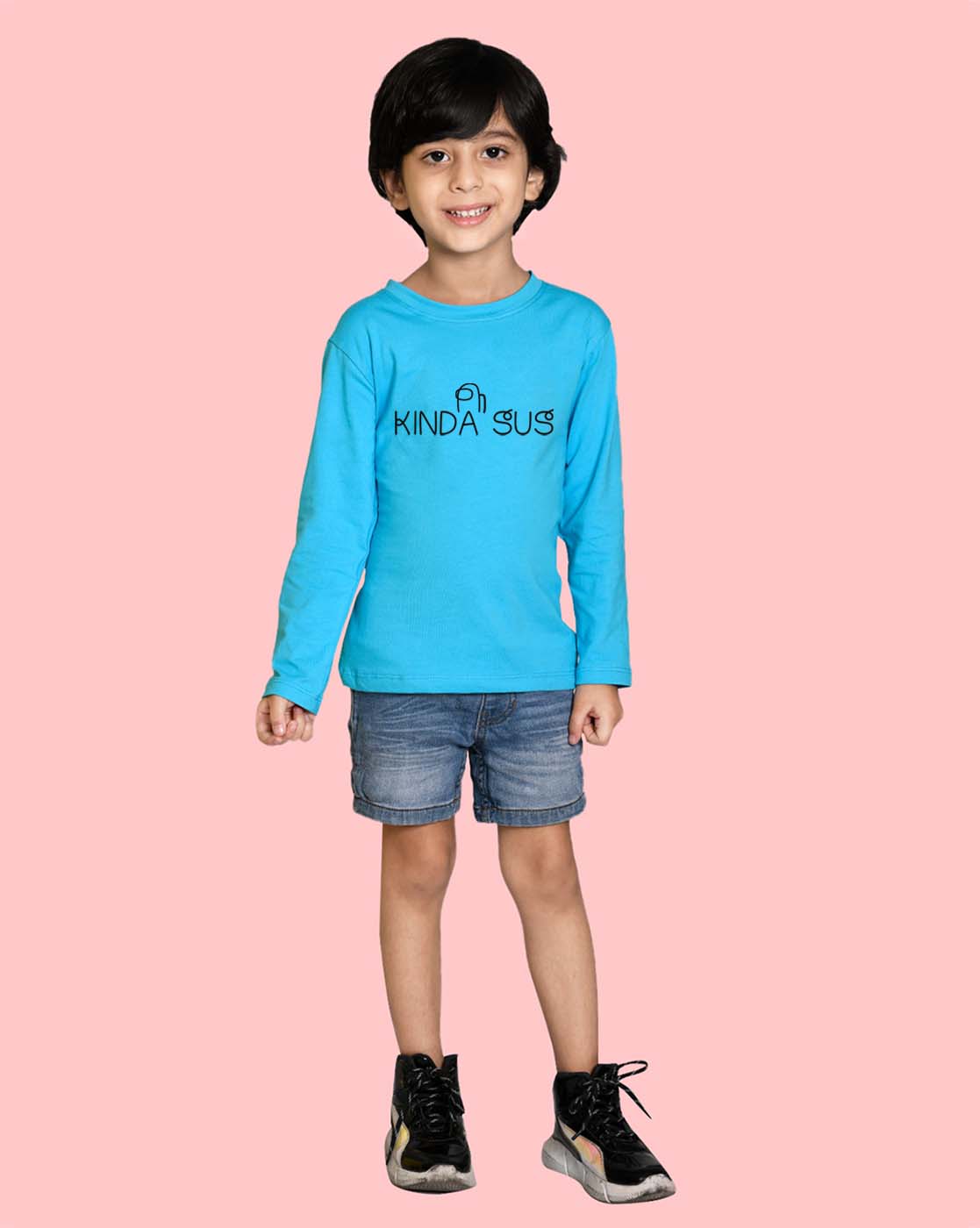 Nusyl Sky Blue Kinda sus Text Printed Full Sleeve Cotton T-Shirts for Boys