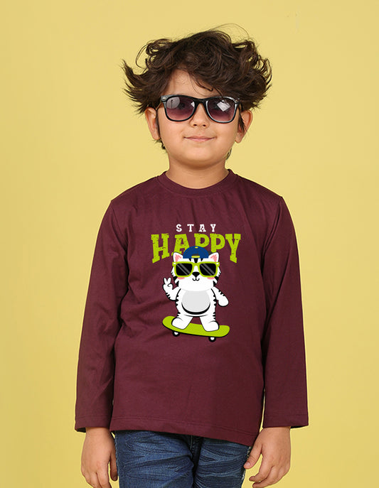 NUSYL Boy's Wine Stay Happy Printed Full sleeves T-Shirt