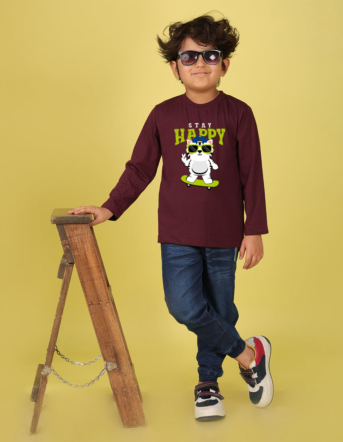 NUSYL Boy's Wine Stay Happy Printed Full sleeves T-Shirt