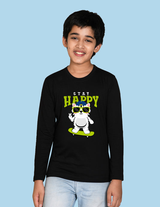 NUSYL Boy's Black Stay Happy Printed Full sleeves T-Shirt