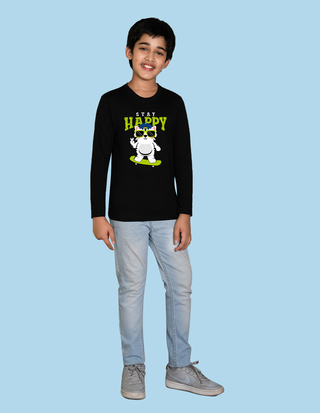 NUSYL Boy's Black Stay Happy Printed Full sleeves T-Shirt