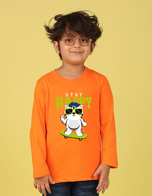 NUSYL Boy's Orange Stay Happy Printed Full sleeves T-Shirt