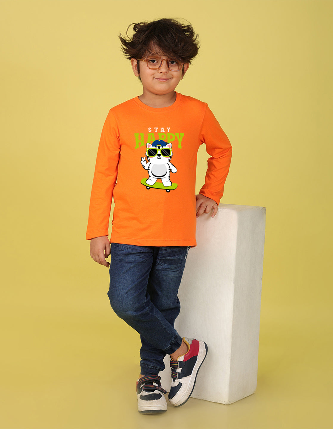 NUSYL Boy's Orange Stay Happy Printed Full sleeves T-Shirt