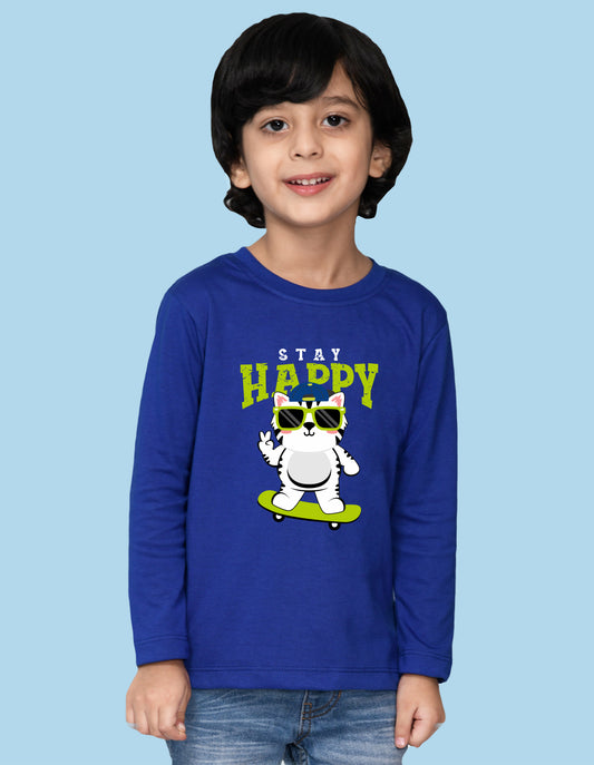 NUSYL Boy's Royal Blue Stay Happy Printed Full sleeves T-Shirt