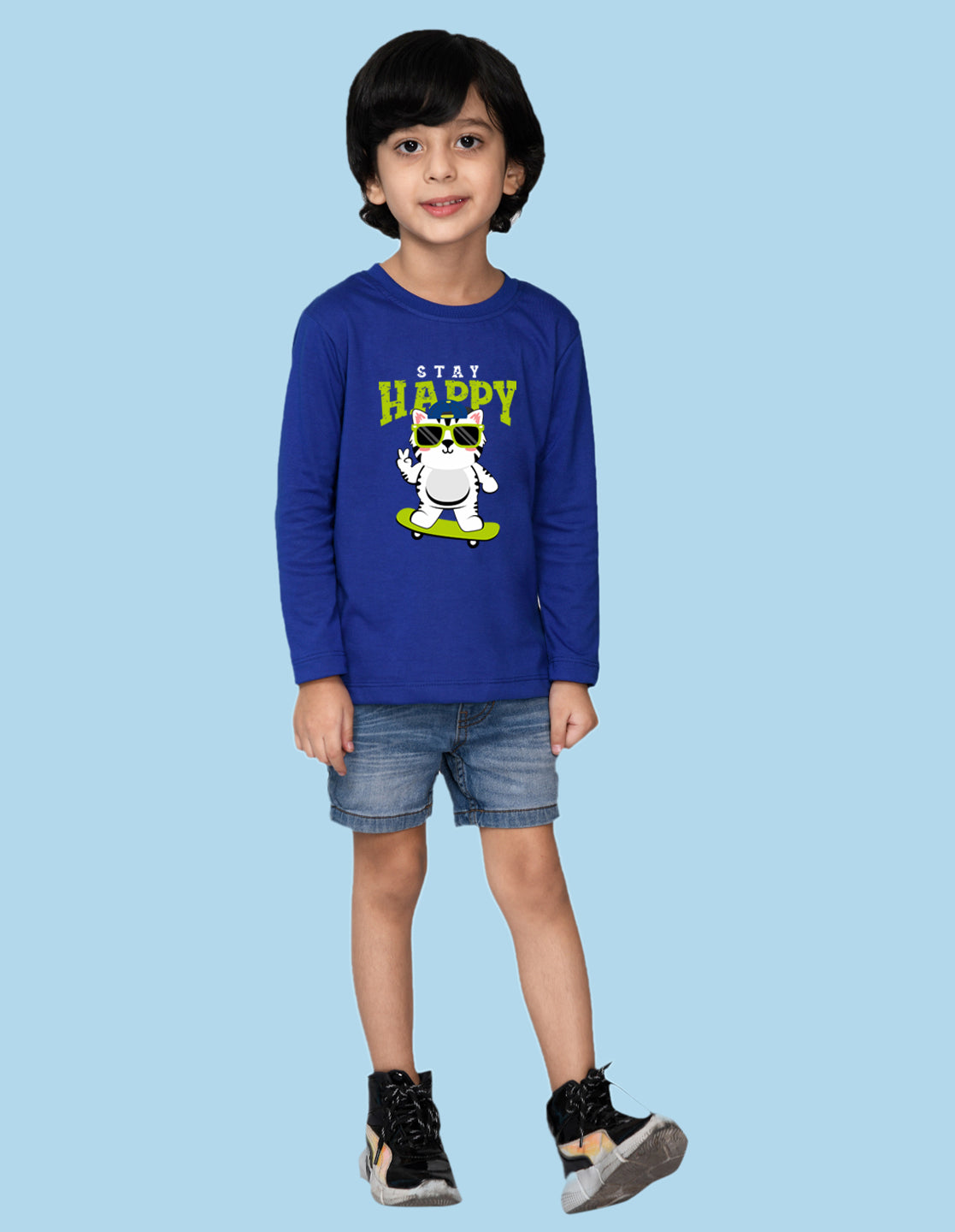 NUSYL Boy's Royal Blue Stay Happy Printed Full sleeves T-Shirt