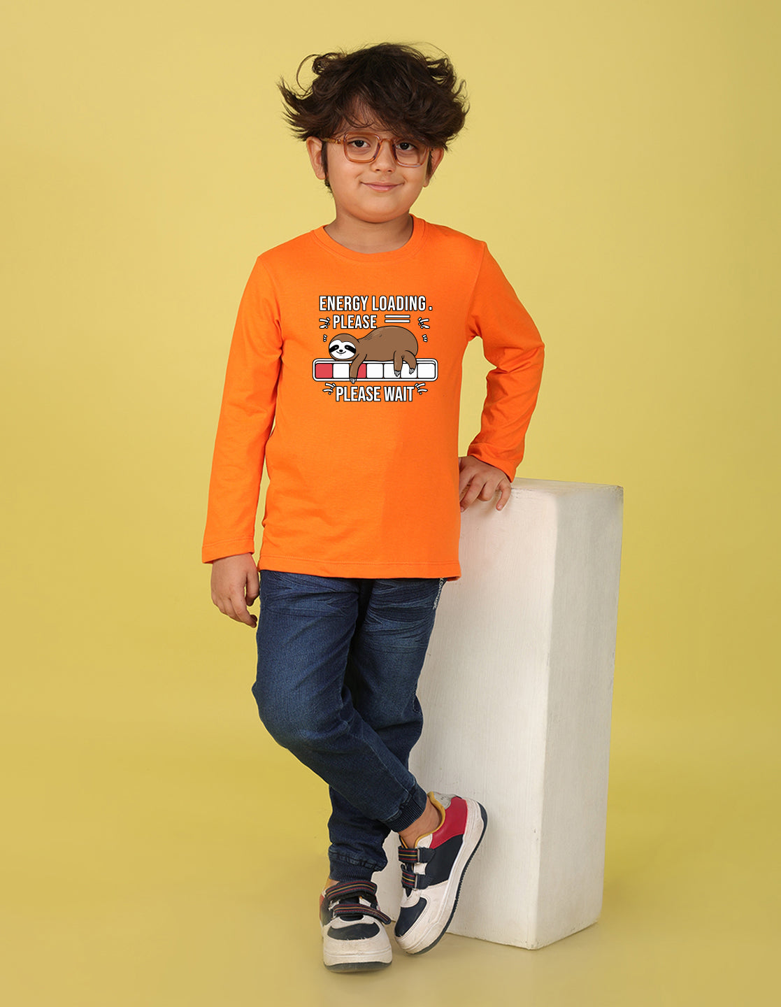NUSYL Boy's Orange Energy Loading Text Printed Full sleeves T-Shirt