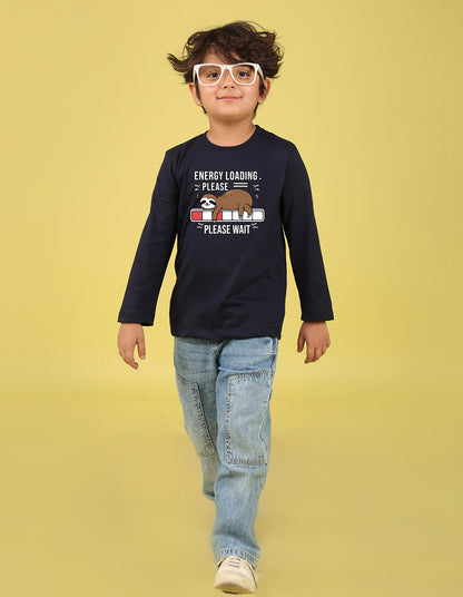NUSYL Boy's Navy Blue Energy Loading Text Printed Full sleeves T-Shirt