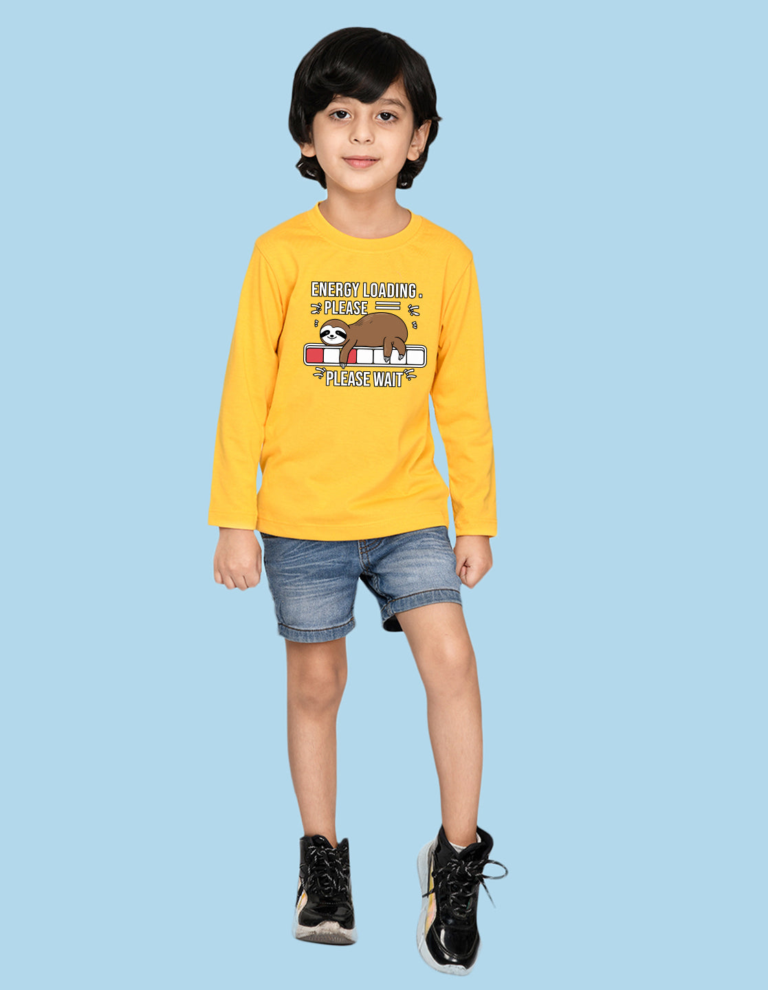 NUSYL Boy's Yellow Energy Loading Text Printed Full sleeves T-Shirt