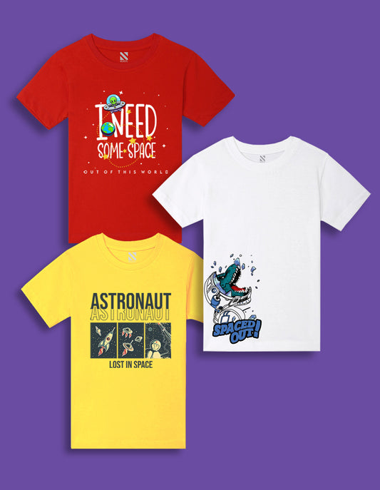 NUSYL Boys Red & Yellow & White Text & Graphic Printed Half Sleeves T-shirt - Pack of 3