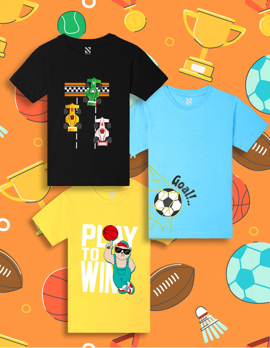 NUSYL Boys Black & Yellow & Sky Blue Text & Basketball Printed Half Sleeves T-shirt - Pack of 3