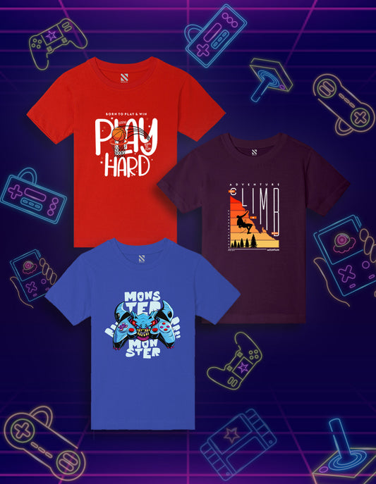 NUSYL Boys Red & Wine & Royal Blue Text Printed Half Sleeves T-shirt - Pack of 3