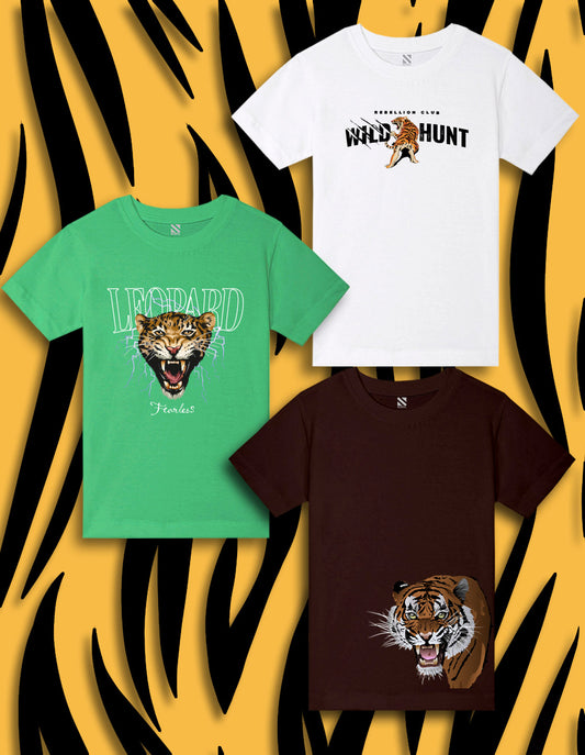 NUSYL Boys Brown & White & Green Wild Hunt Text Printed Half Sleeves T-shirt - Pack of 3