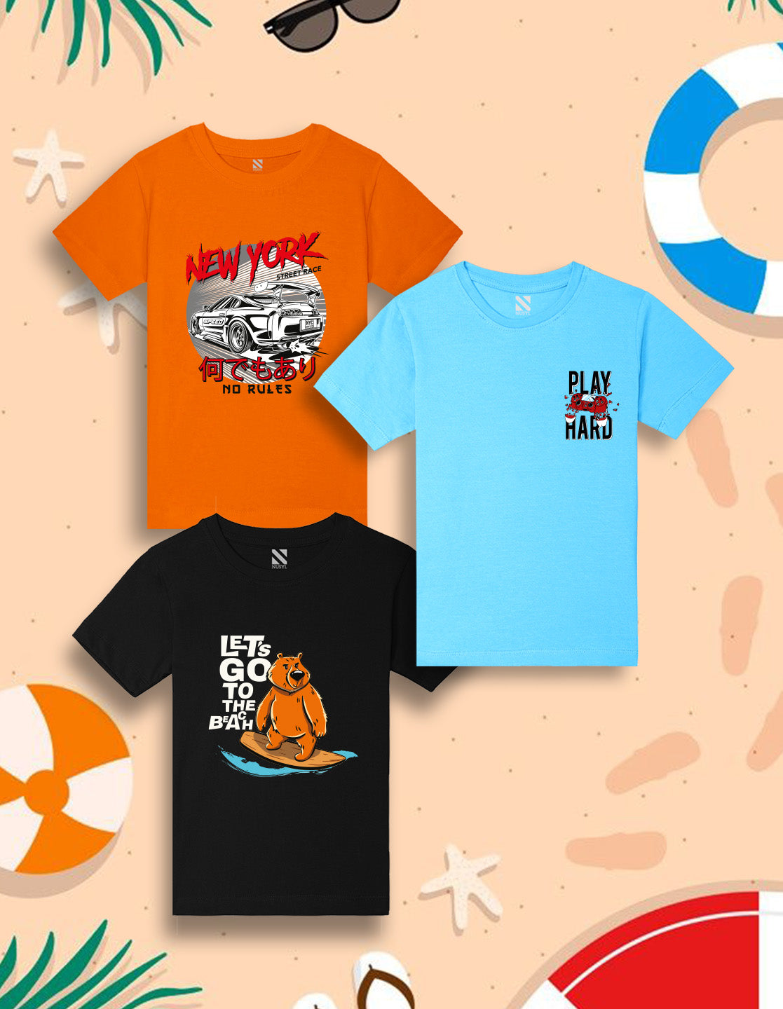 NUSYL Boys Sky Blue & Black & Orange Multi Text Printed Half Sleeves T-shirt - Pack of 3