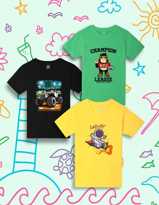 NUSYL Boys Yellow & Black & Green Multi Graphic Printed Half Sleeves T-shirt - Pack of 3