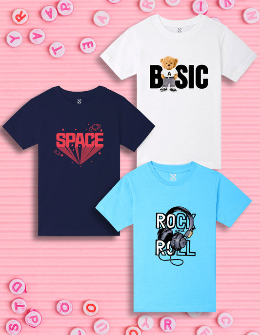 NUSYL Boys Navy Blue & Sky Blue & White Space text & teddy Bear Printed Half Sleeves T-shirt - Pack of 3
