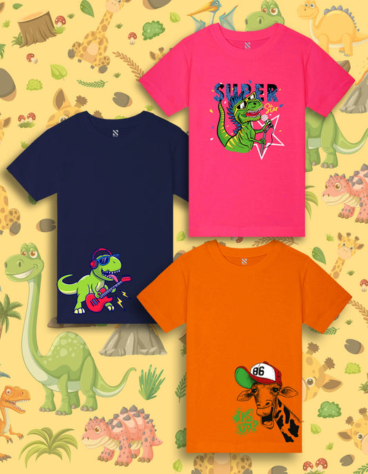 NUSYL Boys Hot Pink & Royal Blue & Orange Dinosaur Printed Half Sleeves T-shirt - Pack of 3