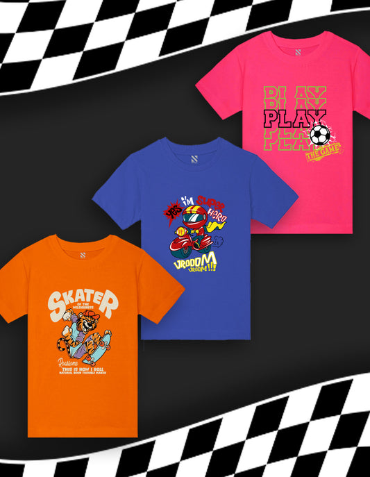 NUSYL Boys Navy Blue & Hot Pink & Orange Skater Text Printed Half Sleeves T-shirt - Pack of 3