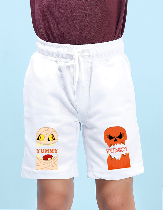 Nusyl Boys White Yummy Text Printed Shorts