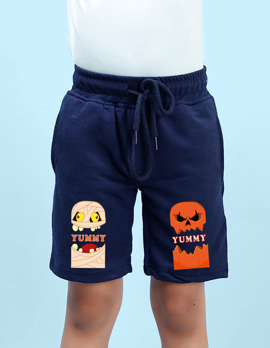 Nusyl Boys Navy Blue Yummy Text Printed Shorts