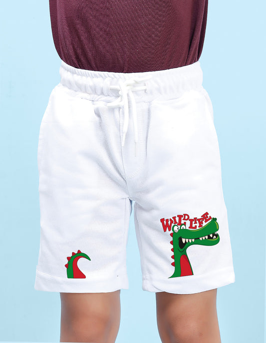 Nusyl Boys White Dinosaur & Text Printed  Shorts