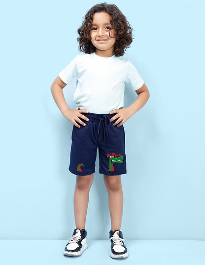 Nusyl Boys Navy Blue Dinosaur & Text Printed  Shorts