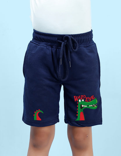Nusyl Boys Navy Blue Dinosaur & Text Printed  Shorts