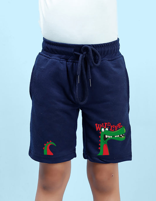 Nusyl Boys Navy Blue Dinosaur & Text Printed  Shorts