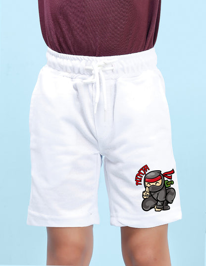 Nusyl Boys White Ninja Text Printed Shorts