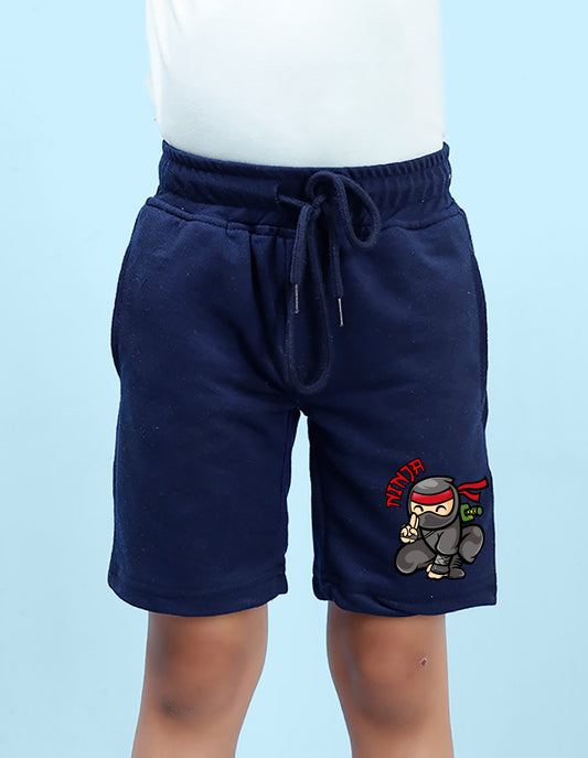 Nusyl Boys Navy Blue Ninja Text Printed Shorts