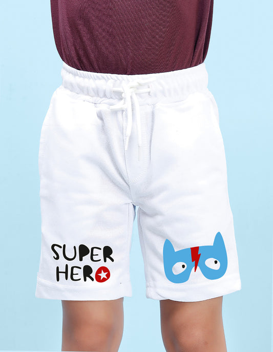 Nusyl Boys White Super Hero Text Printed Shorts